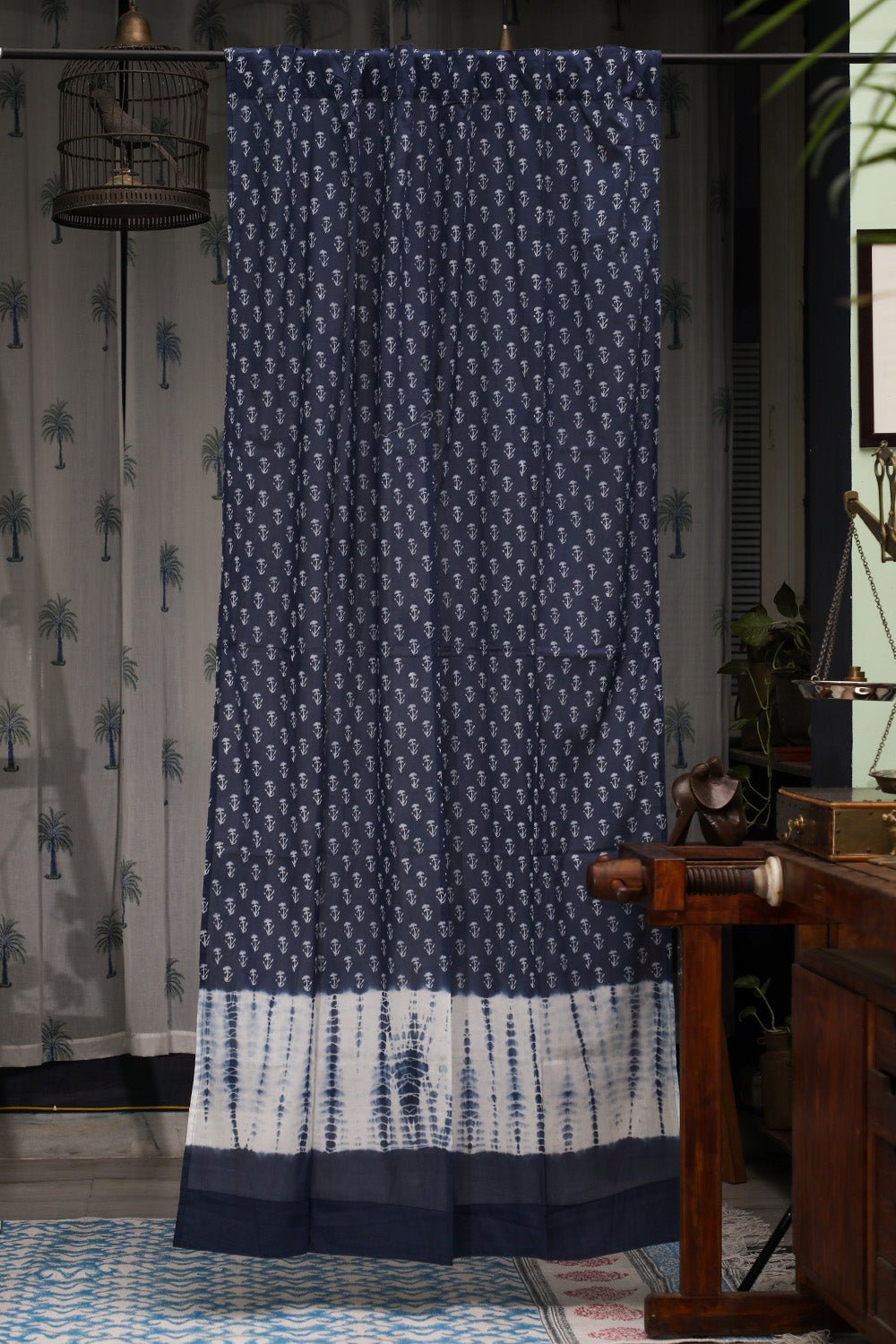 Indigo Blossom Handblock Printed Cotton Door Curtain