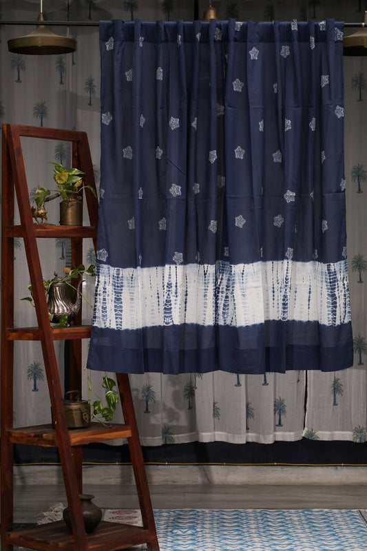 Indigo Stargazing Handblock Printed Cotton Window Curtain