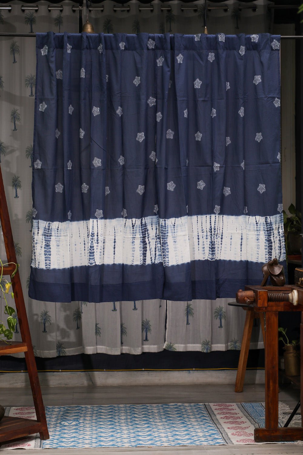 Indigo Stargazing Handblock Printed Cotton Window Curtain