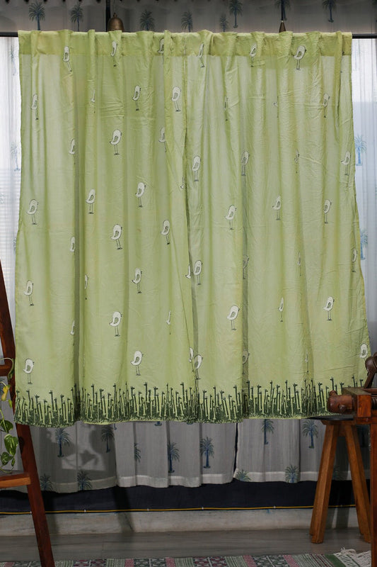 Jungle Tale- Pastel Green Handblock Printed Cotton Window Curtain