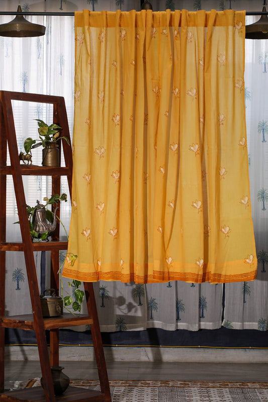 Pastel Lotus Handblock Printed Cotton Window Curtain