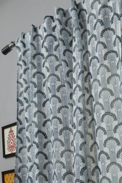 Sargasso Blue Handblock Printed Cotton Window Curtain