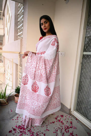 A Girl At Durga Puja Handblock Print Natural Dyed Mulmul Cotton Saree