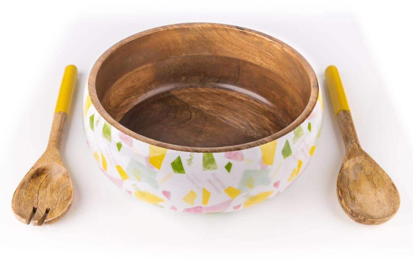 Salad Bowl + Server Set Wooden Confetti White