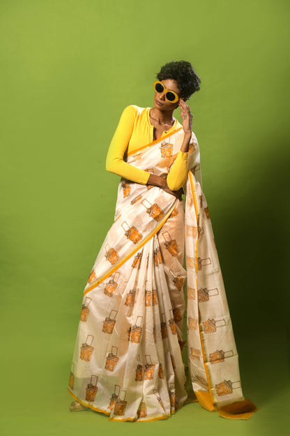 Suitcase Beige Chanderi Printed Saree