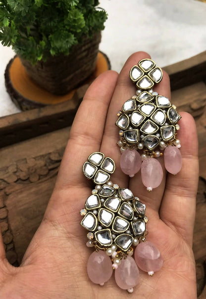 Natural Stone and Kundan Chandelier Earrings