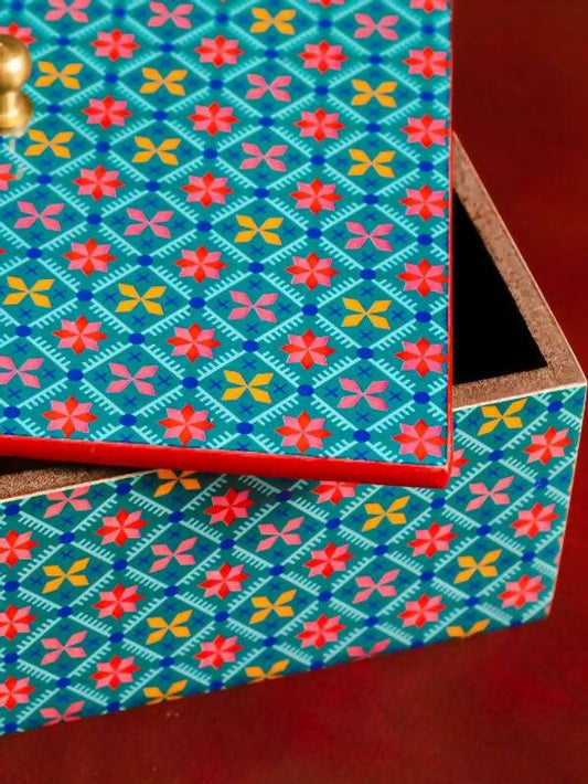 Box Wooden Printed Deco Teal and Pink