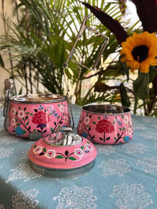 Pink hand painted 2 Tier Stainless Steel Tiffin