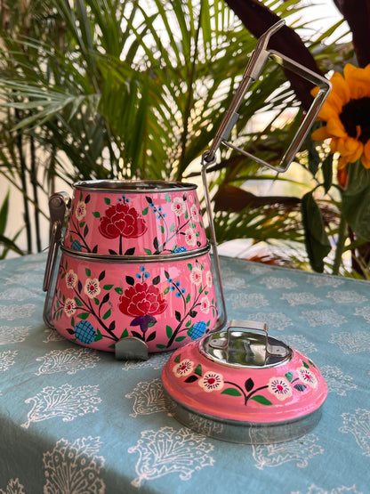 Pink hand painted 2 Tier Stainless Steel Tiffin