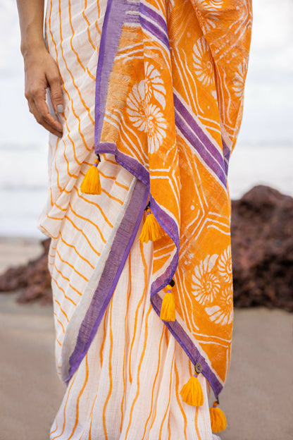 Caracol Orange & Lilac Linen Saree