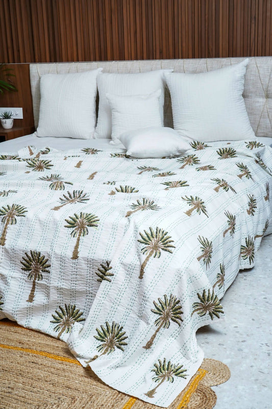 Banana Tree Block Printed Kantha Bedcover