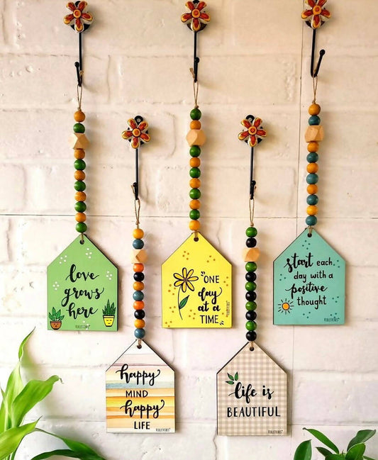 Beaded Wooden Huts With Ceramic Hook - Set Of 5