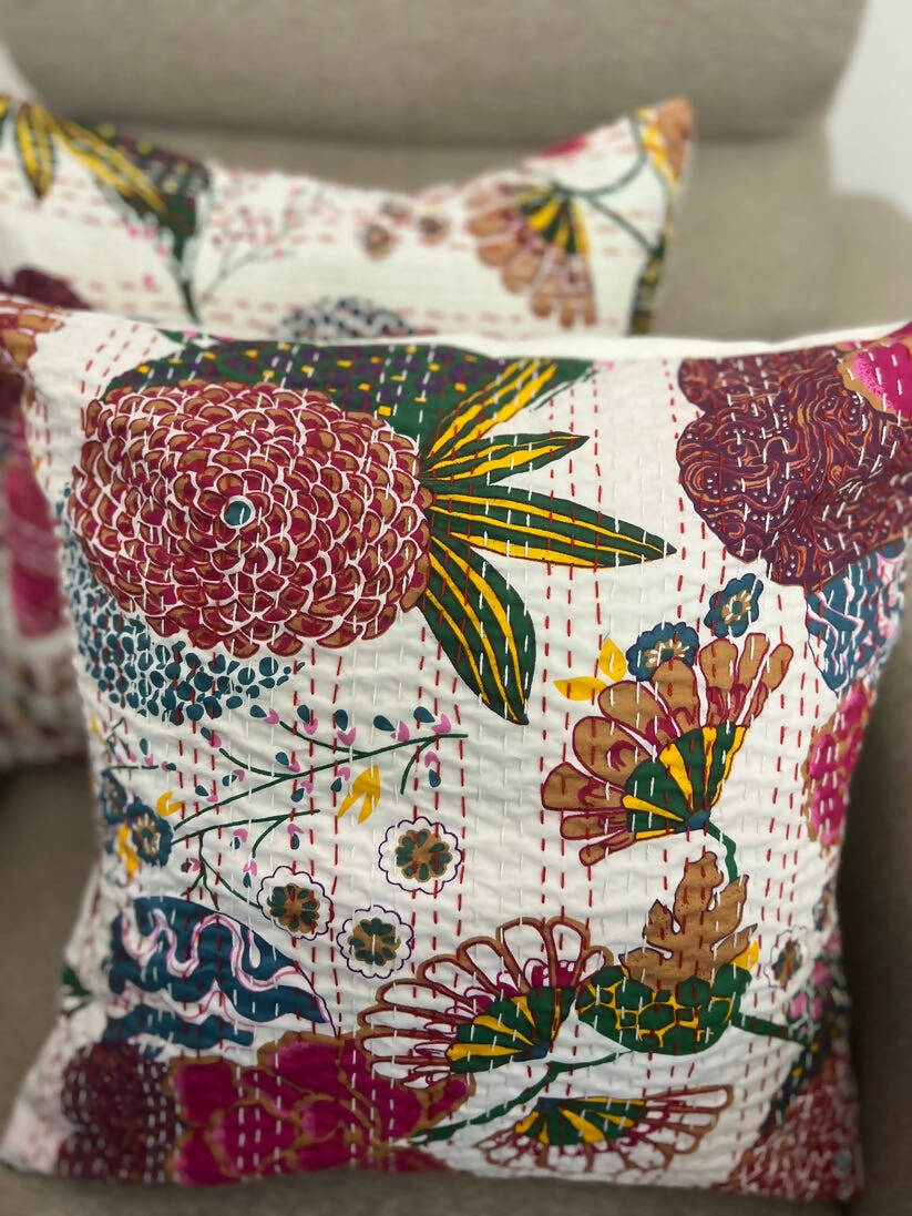 Kantha Cushion Cover| White-Pink Flowers (Set of 2)