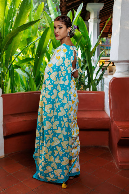 Mog Mul Cotton Blue and Yellow Saree