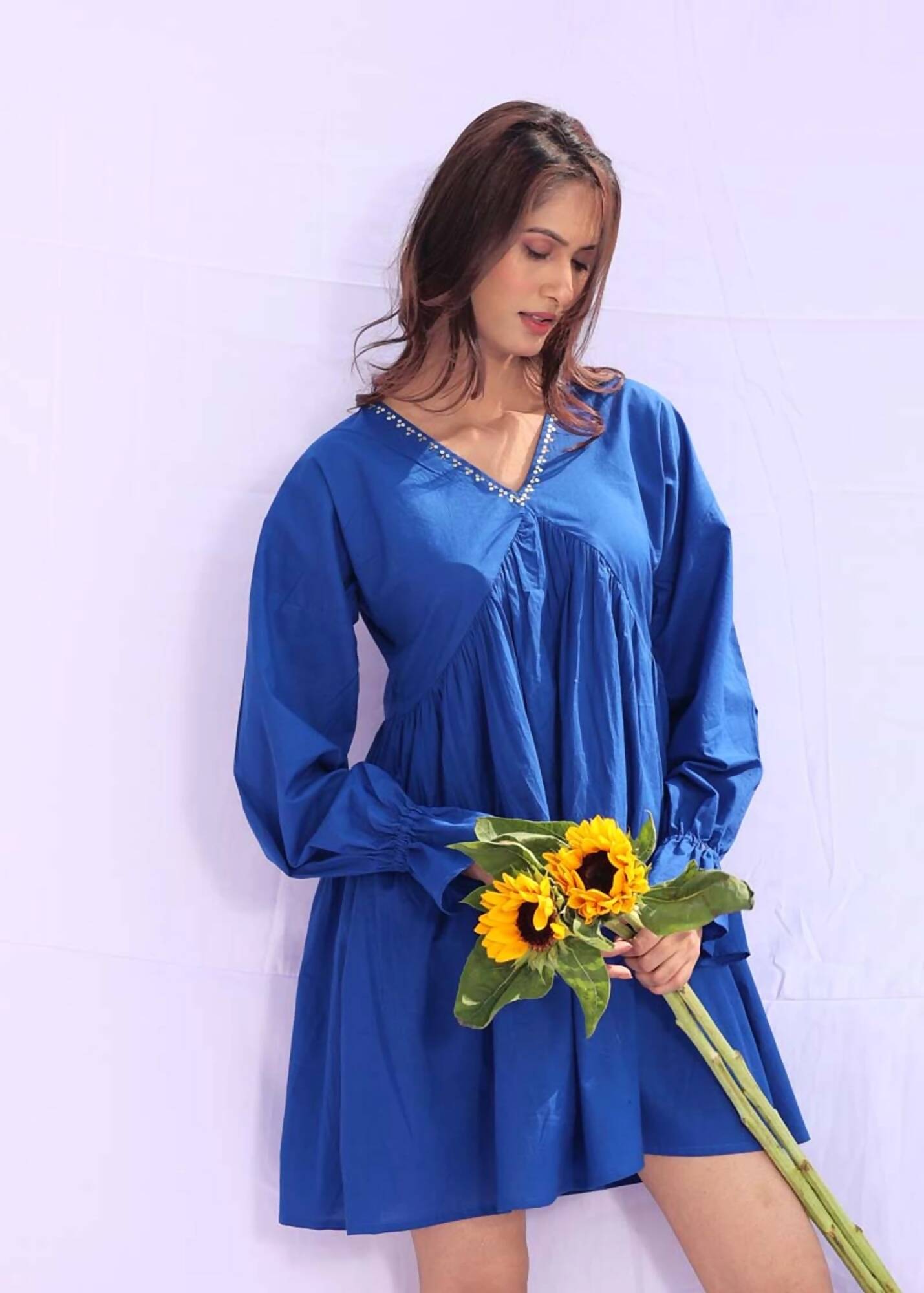 Blue Sunflower Knee Length Dress