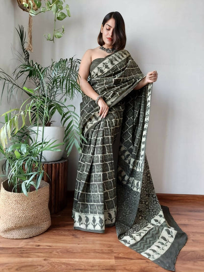 Olive You Green Cotton Pocket Saree