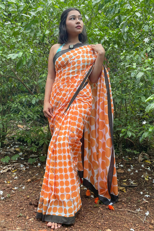 Hornbill Mul Cotton Orange Saree