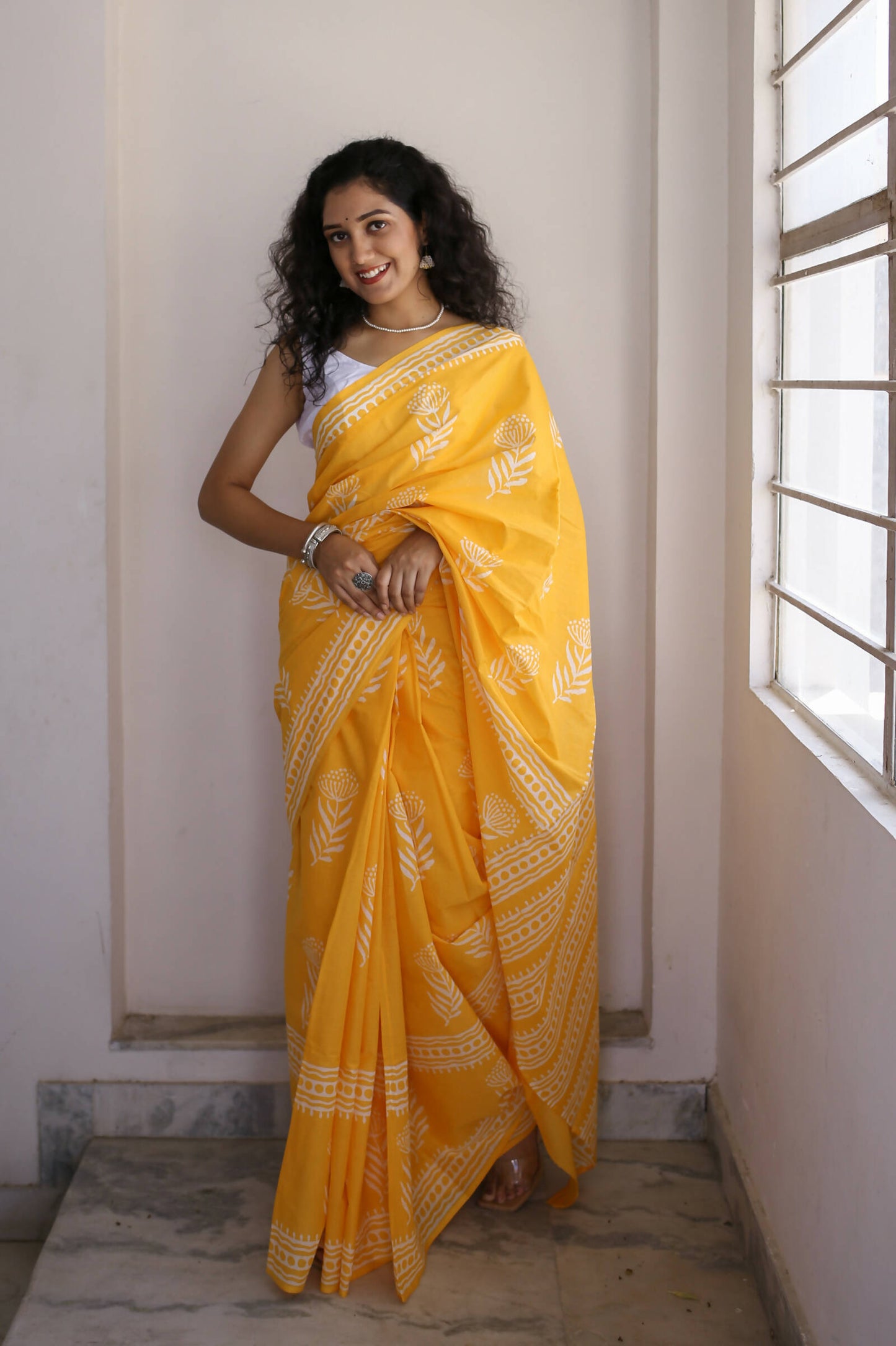 Sunshine Swirl - Yellow Haldi Hand Block Print Mulmul Cotton Bagru Saree