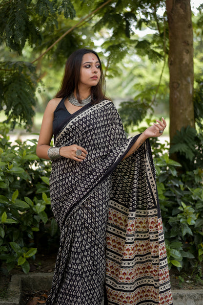 Timeless Tapestry- Hand Block Print Mulmul Cotton Bagru Saree