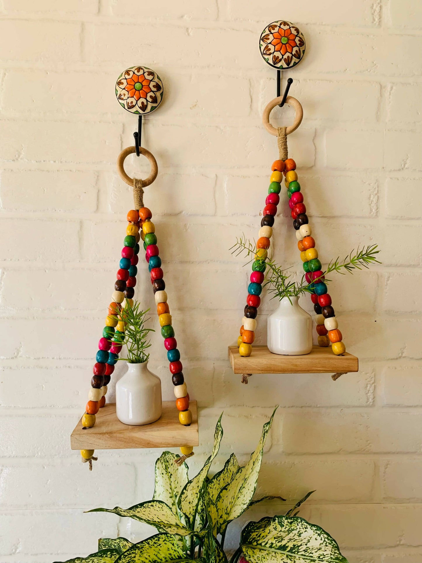 Colorful Beaded Mini Shelves With Ceramic Hooks And White Mini Ceramic Bottles