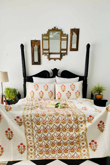 Gul Handblock Printed Quilted Bedcover