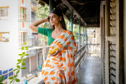 Orange White Printed Saree