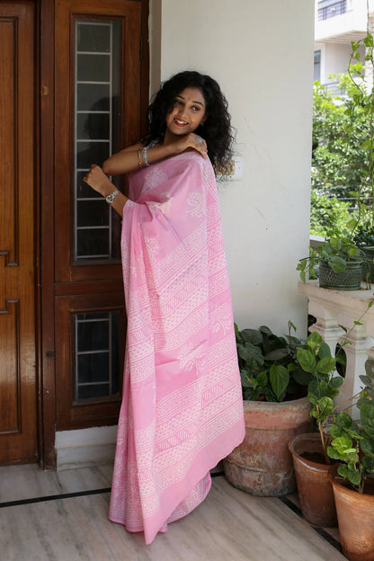 Pink Peony - Hand Block Print Mulmul Cotton Bagru Saree