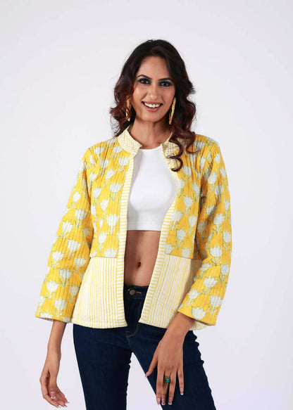 Cockatiel Handblock Printed Yellow Jacket