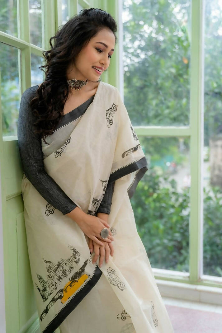 Awesome White Silk Designer Printed Saree