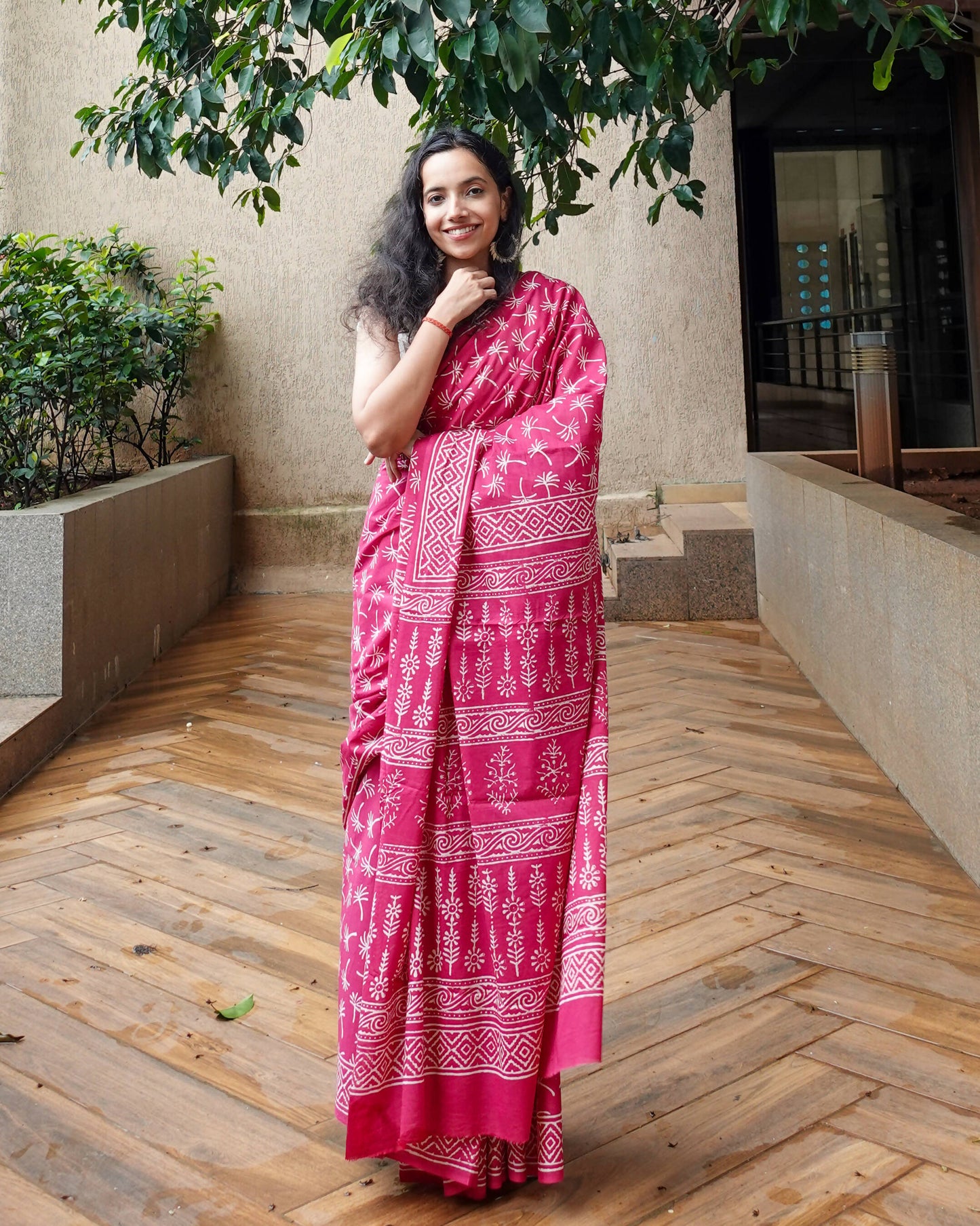 Dandelions in the Sky - Hand Block Print Mulmul Cotton Bagru Saree