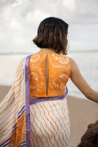 Caracol Orange & Lilac Linen Saree