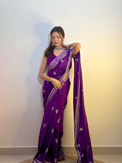 Party Purples Handblock Print Natural Dyed Mulmul Cotton Saree