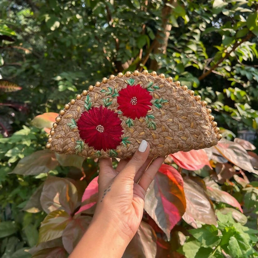 Dual Flower Embroidered Half Moon Clutch