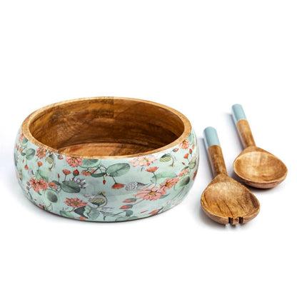 Salad Bowl + Server Set Wooden Blissful Blooms