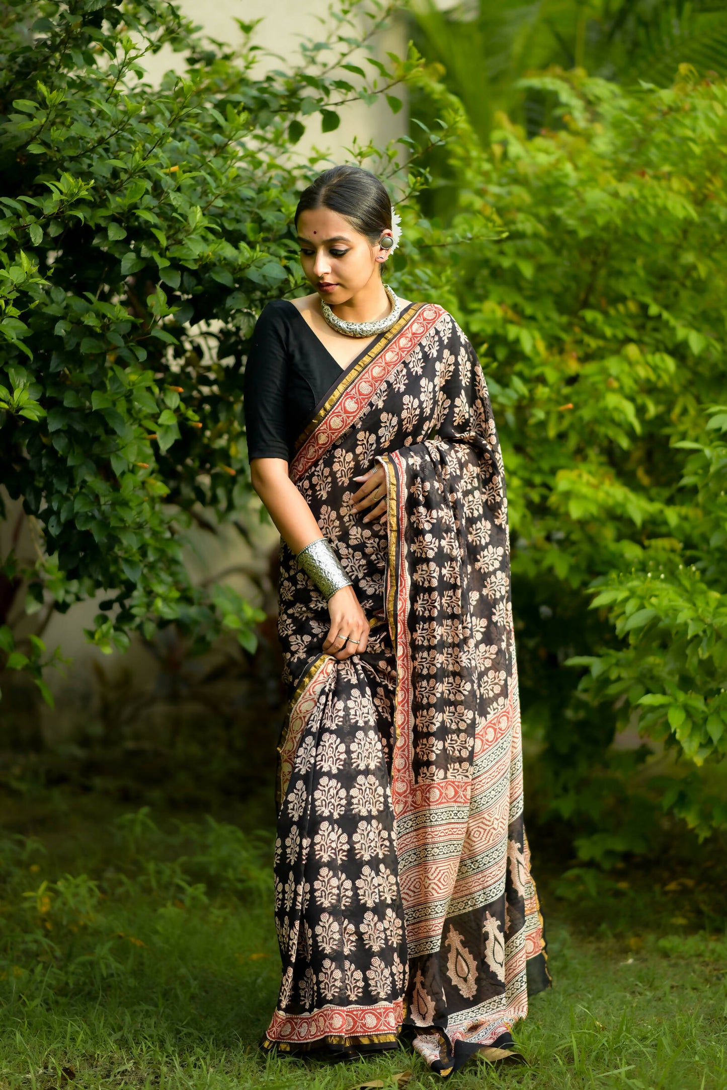 Night Blossom - Hand Block Print Chanderi Silk Saree