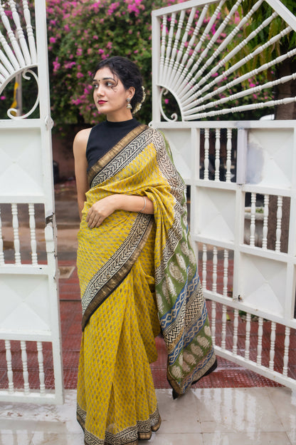 Lime Road - Yellow Hand Block Print Maheshwari Silk Saree