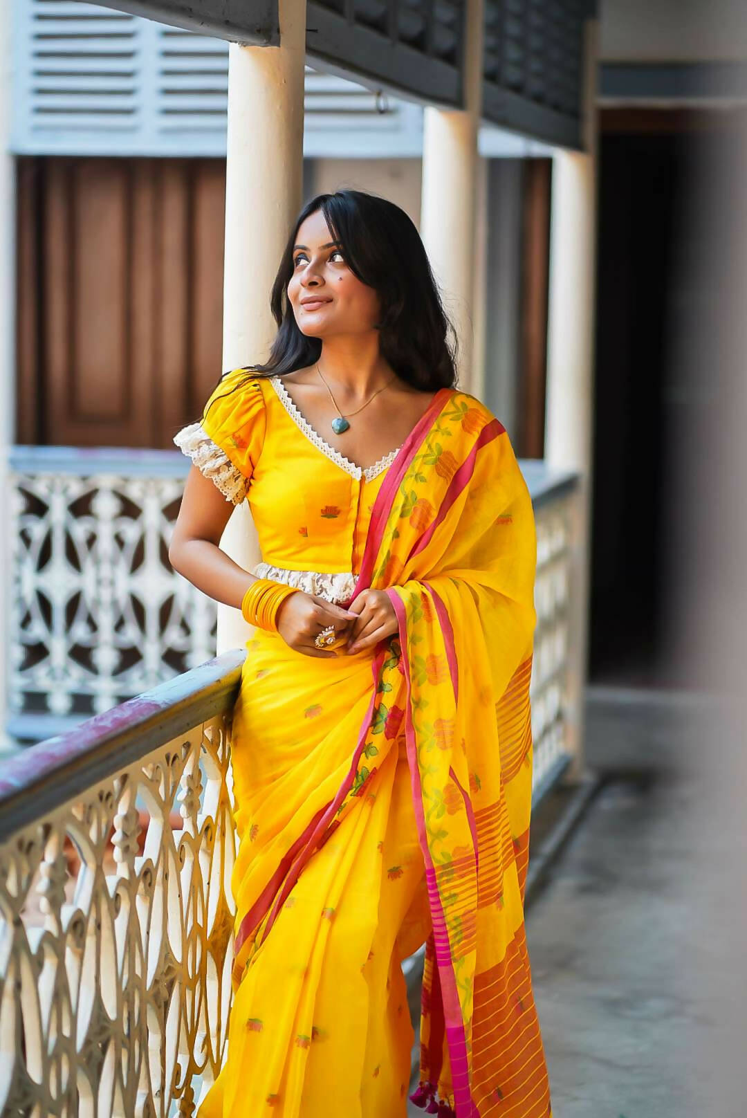 Lotus In The Yellow Field Cotton Saree