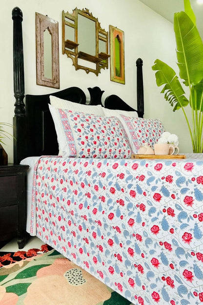 Tuberose Hand Block Printed Cotton Bedsheet - Queen Size