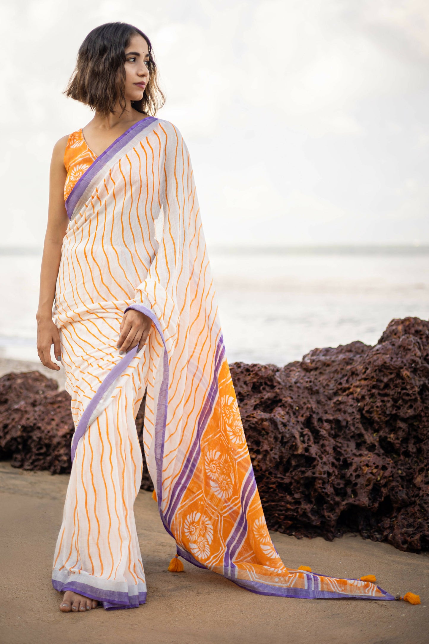 Caracol Orange & Lilac Linen Saree