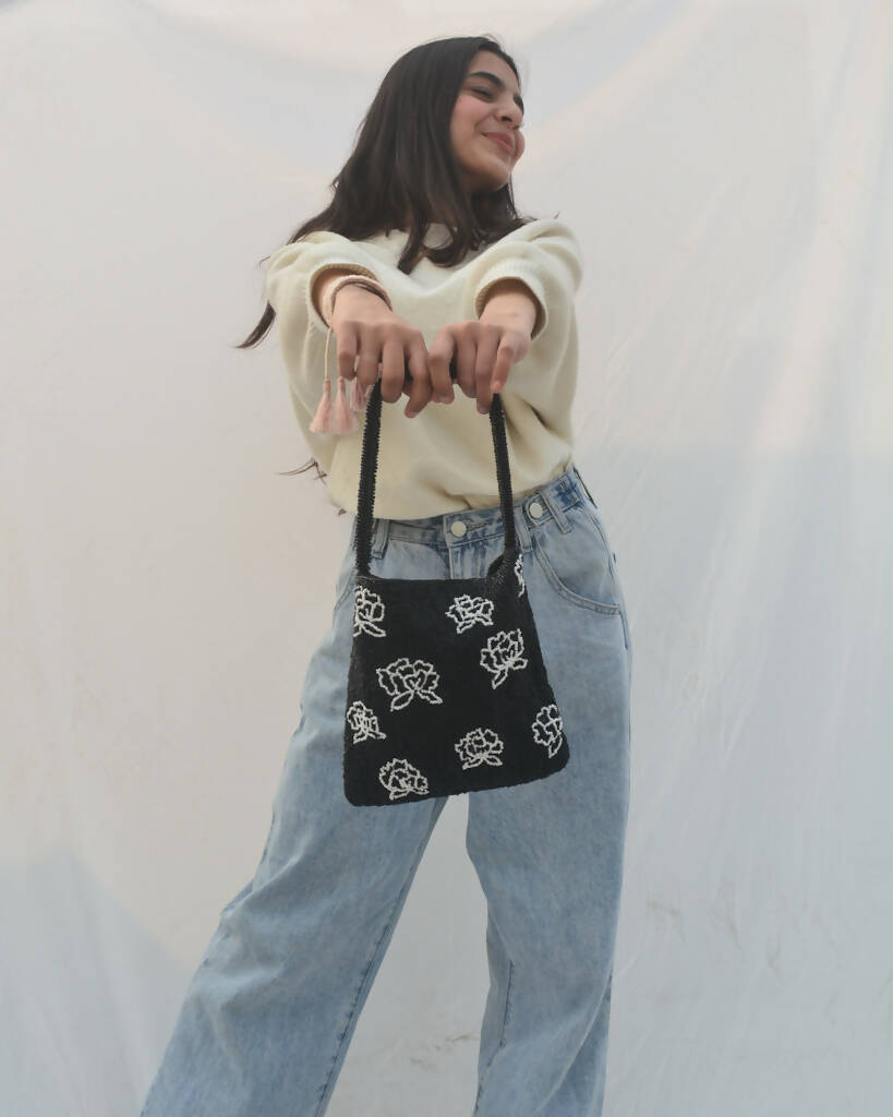 Rose Beaded Bag in Black