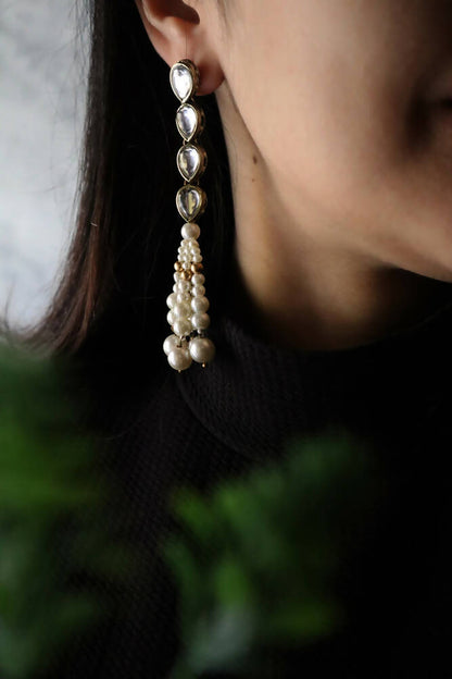 Pearl Tassel and Kundan Dangler Earrings