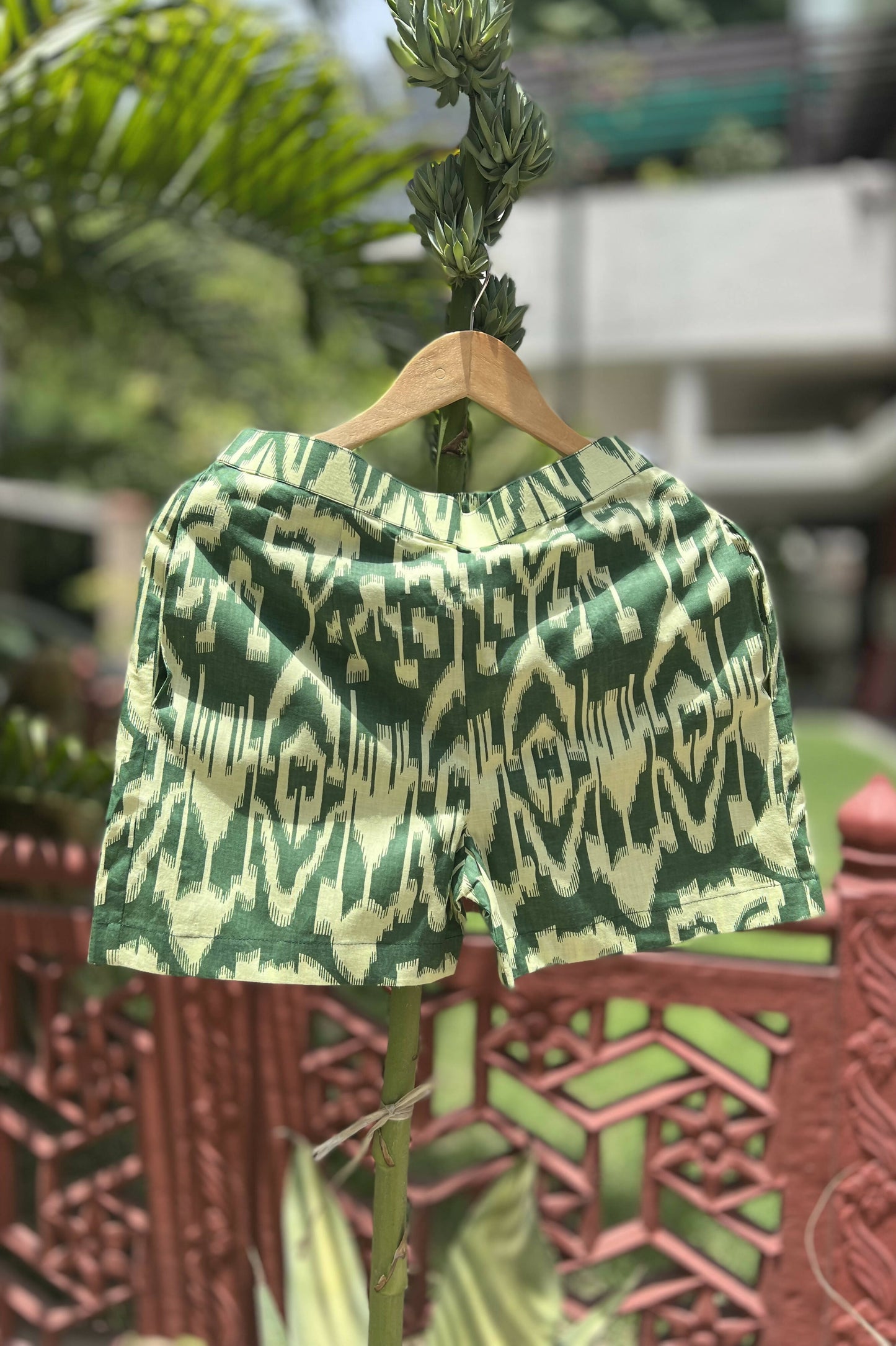 Pine Green Ikat Double Breasted Long Blazer - Shorts Set