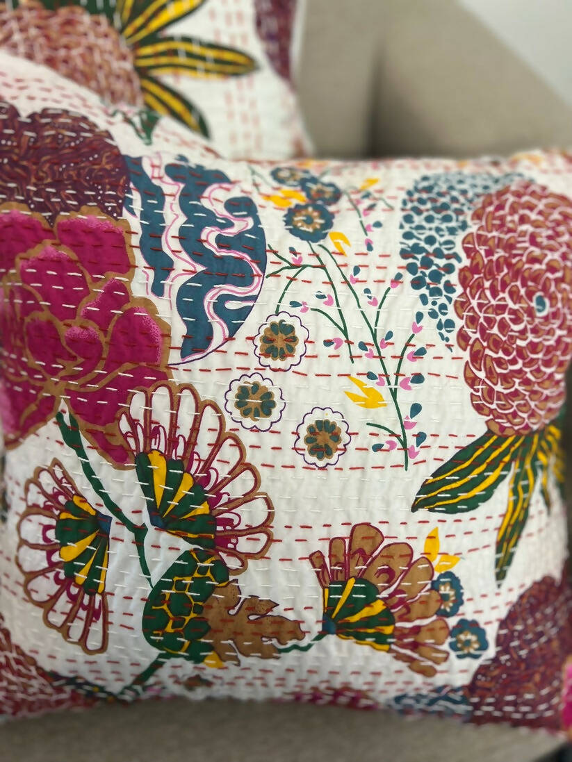 Kantha Cushion Cover| White-Pink Flowers (Set of 2)