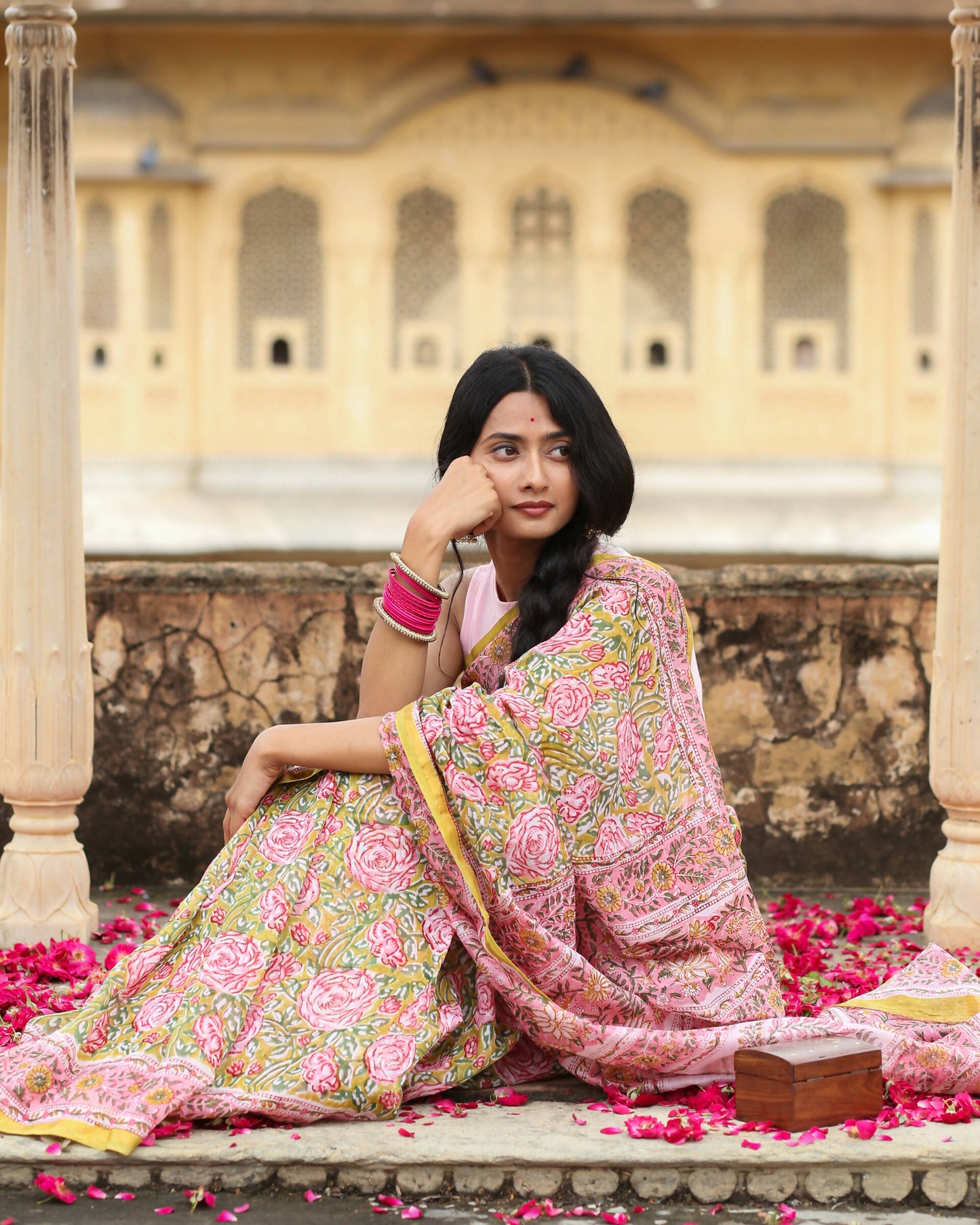 Wild Rose - Hand Block Print Chanderi Silk Saree