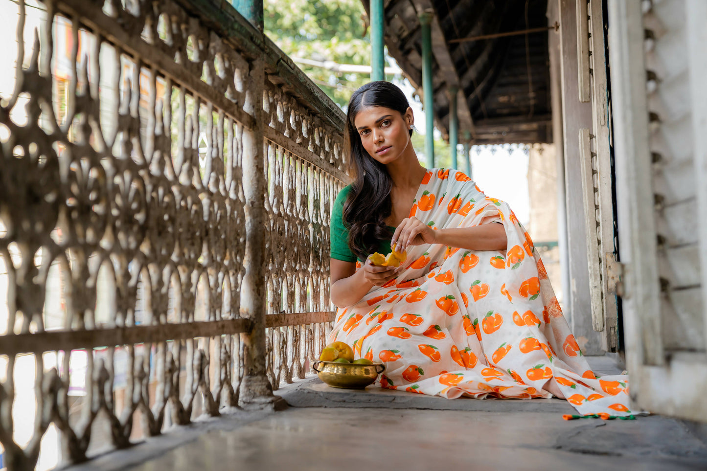 Orange White Printed Saree